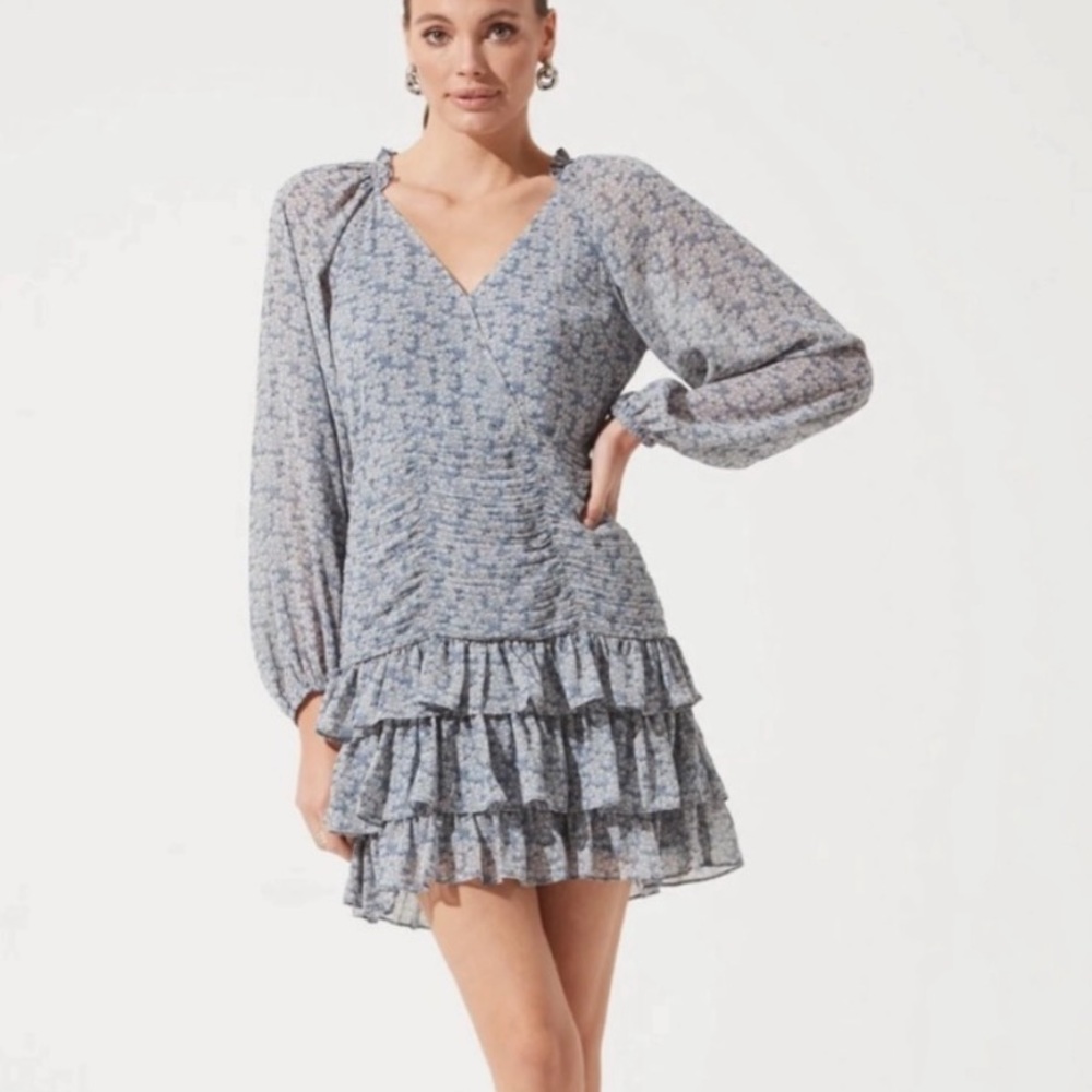Multi floral mini dress with ruching bodice, cottagecore and tiered ruffles.